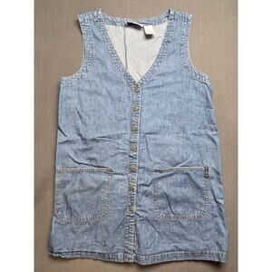 Vtg True Blue Womens Large Sleeveless Blue Denim Vest Long Pockets Elastic Cinch